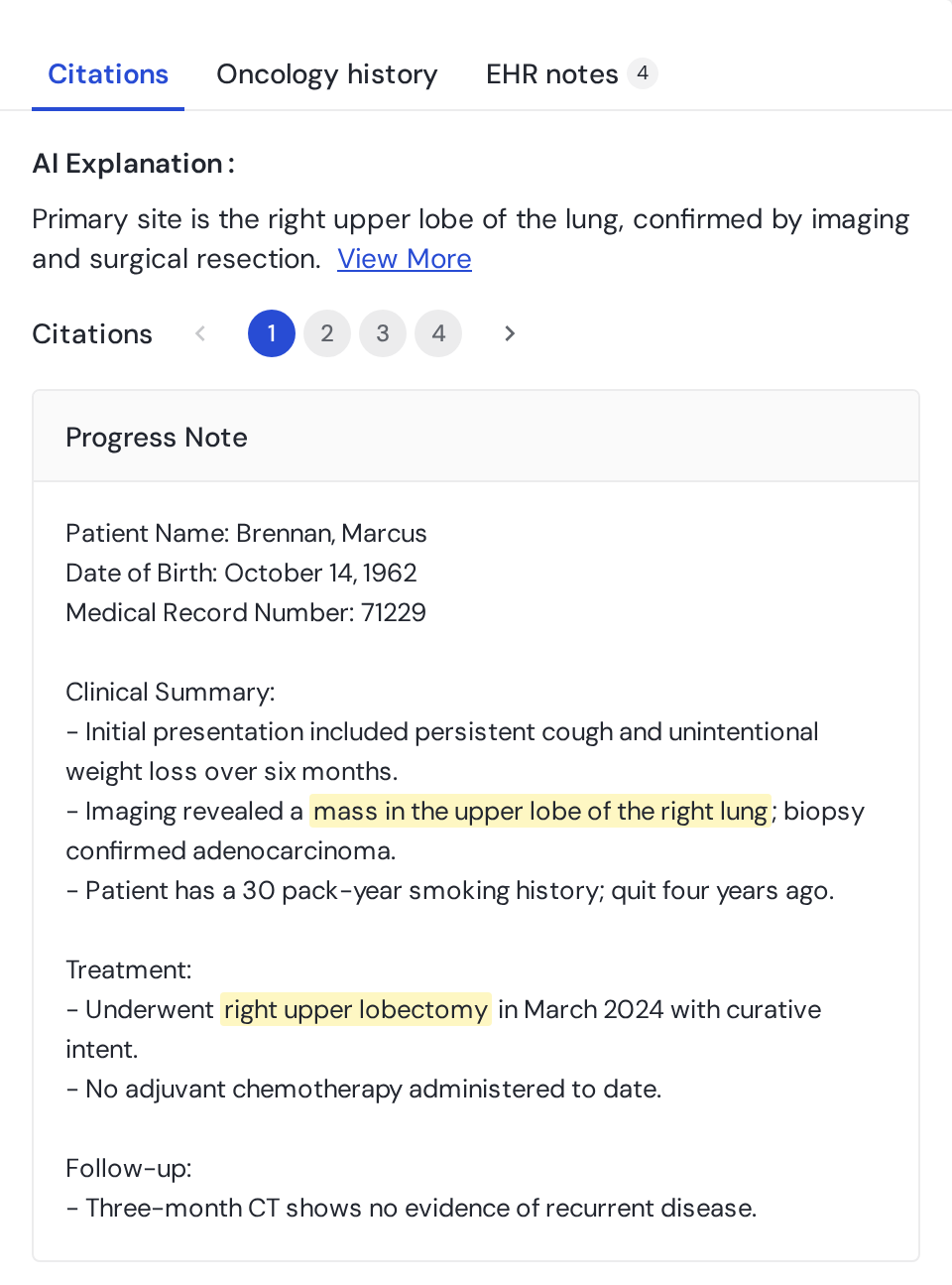 Citation viewer panel with progress note and highlighted evidence