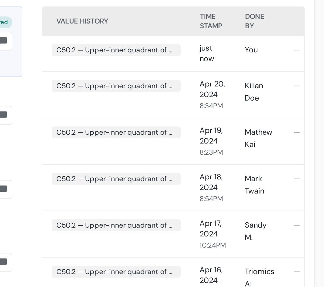 The audit side panel - every value the field has held, with author and timestamp