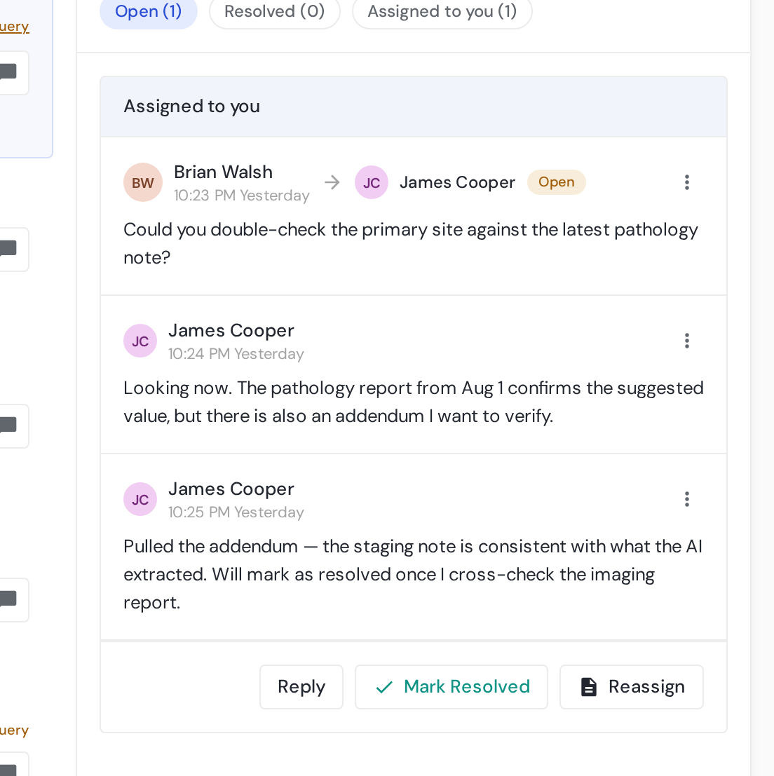 The query thread - reply, mark resolved, or reassign